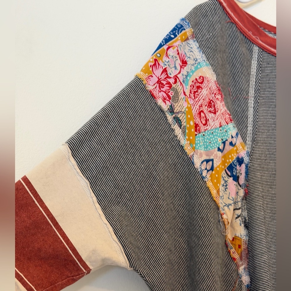 Easel Black Stripe Top With Patchwork Sleeves Euc… - image 2